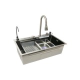 Chiuveta bucatarie multifunctionala cu doua baterii, otel inoxidabil, afisaj digital temperatura, functie cascada, dozator sapun, scurgator, tava, toc