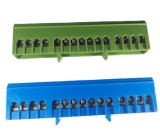 Set cleme bloc terminal barete pentru impamantare si nul albastra si verde pe sina 15 gauri max 16mm2 63A izolate, XBS