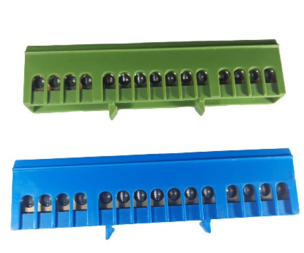 Set cleme bloc terminal barete pentru impamantare si nul albastra si verde pe sina 15 gauri max 16mm2 63A izolate
