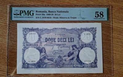 ROMANIA - 20 lei - Iulie 1919 AUNC !! . Superba piesa de colectie. PMG 58 Aproape necirculata . foto