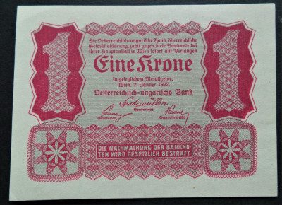 Bancnota istorica 1 COROANA/ KRONE - AUSTRIA, anul 1922 *cod 386 = A.UNC unifata foto