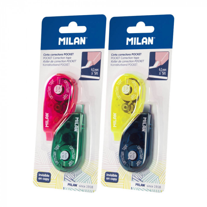 Set 2 Corectoare tip Banda MILAN Pocket, 4.2mm x 5m, Corector Banda, Corector Pix Banda, Corector Tip Banda, Corector pentru Scriere, Pasta Corectoare