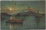 CP853N Napoli, Vesuvio di notte con barche peschereccie, pittore G Carelli, carte poștală