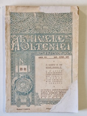ARHIVELE OLTENIEI ANUL XV , NR. 89 - 91 , IAN. - IUNIE , 1937 , COPERTA FATA REFACUTA foto