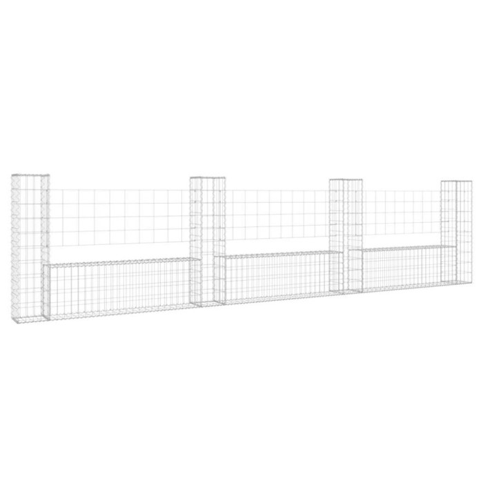 Cos gabion in forma de U cu 4 stalpi, 380x20x100 cm, fier
