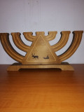 Suport lumanare sfesnic 7 brate sculptat manual din lemn Hanukkah Menorah