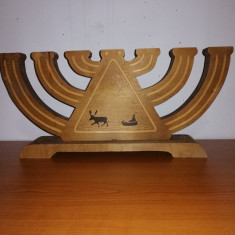 Suport lumanare sfesnic 7 brate sculptat manual din lemn Hanukkah Menorah