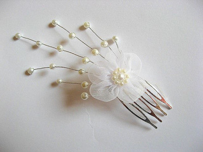 Floare organza si perle sticla, pieptene, accesoriu mireasa 20138 foto