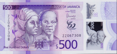 Bancnota Jamaica 500 Dolari 2022 - P98 UNC ( polimer - REPLACEMENT - Serie ZZ ) foto