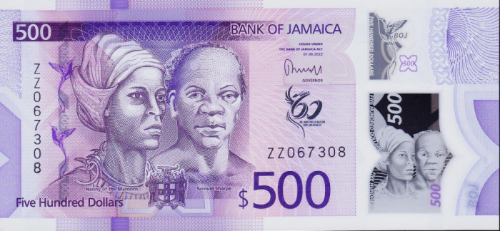 Bancnota Jamaica 500 Dolari 2022 - P98 UNC ( polimer - REPLACEMENT - Serie ZZ )