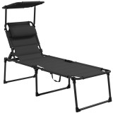 Outsunny Șezlong pliabil cu copertină, pernă pentru cap reglabilă din material Oxford 70 x 200 x 45 cm, negru | Aosom Romania