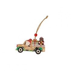 Decoratiune de craciun din lemn, flippy, cu snur pentru agatare in brad, model masina lui mos craciun, scris merry christmas, 8x8x0.4 cm, multicolor