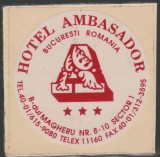 Romania anii 70 - Vigneta de bagaje Hotel Ambasador (tip 3) din Bucuresti, ONT Carpati, eticheta hoteliera, promovare turistica
