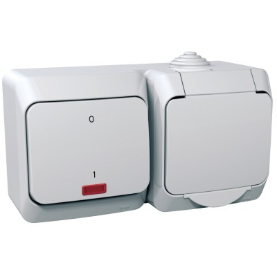 Intrerupator bipolar cu led si priza schuko PT IP44 Schneider Cedar alb WDE000503 foto