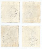 *Romania, lot 8 cu 4 timbre perforate identice cu perforatii in pozitii diferite, Stampilat