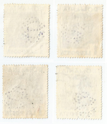 *Romania, lot 8 cu 4 timbre perforate identice cu perforatii in pozitii diferite foto