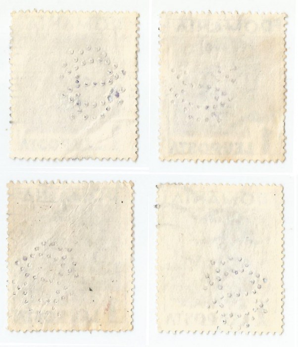 *Romania, lot 8 cu 4 timbre perforate identice cu perforatii in pozitii diferite
