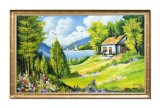 Cumpara ieftin Tablou inramat peisaj de la munte cu casa si iole pictat manual, Oaza de liniste, 110x70cm ulei pe panza Constantin Feraru