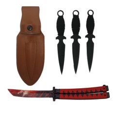 Set Briceag fluture de vanatoare si trei cutite de aruncat, Black Fury, DEPOX&reg;, otel inoxidabil