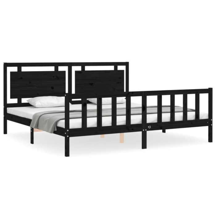 Cadru pat cu tablie 200x200 cm, negru, lemn masiv