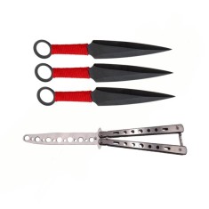 Set Briceag fluture de antrenament si trei cutite de aruncat, Ninja Way, DEPOX&reg;, otel inoxidabil