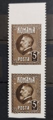 Romania 1926 - Pereche 5 Lei Ferdinand l,imperforat orizontal MNH foto