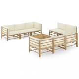 VidaXL Set mobilier de grădină, cu perne alb crem, 9 piese, bambus