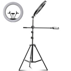Lampa Circulara Ring Light REVOSE&trade; cu Extra Brat si 3 suporturi telefon, Diametru 36cm/14inch LED, Lumina Naturala/Rece/Calda, Trepied 210 cm Inclus,