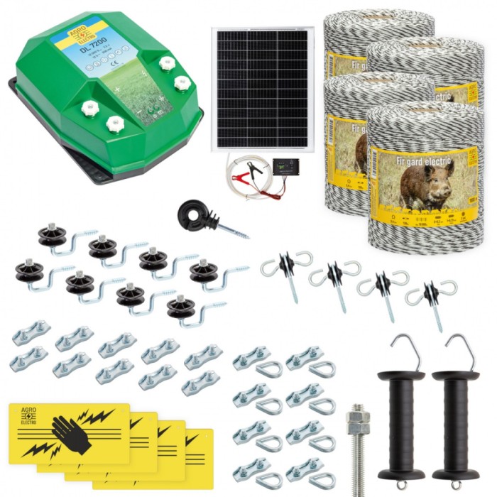 Pachet gard electric complet 4000&nbsp;m, 7,2&nbsp;Joule, cu sistem solar, pentru animale sălbatice