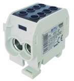 Clema de distributie - derivatie neagra Cu-Al 300A 185A pe sina DIN 1 pol 2 intrari borne (50+70mm &sup2;) si 2 iesiri (50+70mm &sup2;) 1000V AC DC, Omu System