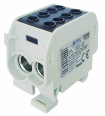 Clema de distributie - derivatie neagra Cu-Al 300A 185A pe sina DIN 1 pol 2 intrari borne (50+70mm &sup2;) si 2 iesiri (50+70mm &sup2;) 1000V AC DC