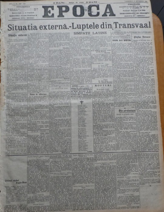 Ziarul Epoca, 10 Octombrie 1899; Razboiul anglo-bur din Transwaal, Africa de Sud