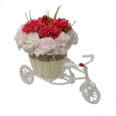 Aranjament floral trandafiri "Bicicleta cu flori zambarete", flori de sapun, Garoafe, 30x17x15 cm