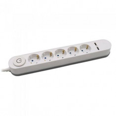 Prelungitor 5 Intrari Intrerupator iluminat &amp; 2 Port-uri USB 3G 1.5MM x 3M Alb 060721-14
