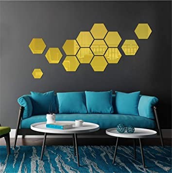 Set Oglinzi Decorative Acrilice din PVC Design Hexagon XL Size GOLD Luxury Home 12 bucati/set foto