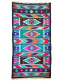 Covor / scoarță vintage din l&acirc;nă 206&times;376 cm, țesut la război, model geometric kilim, cu franjuri &ndash; piesă mare statement