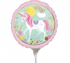 Balon mini folie Magical Unicorn, 23cm/9&amp;quot;, umflat + bat si rozeta, Amscan 36853 foto