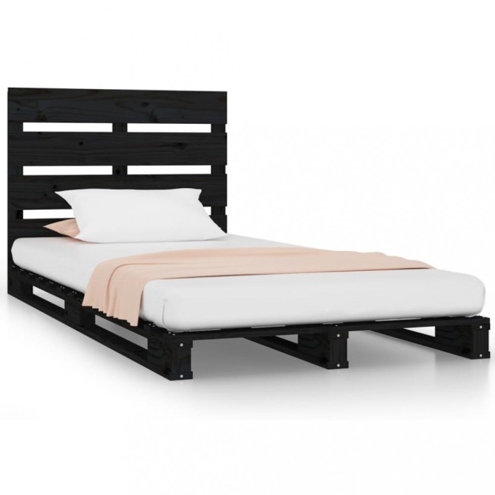Cadru pat mic Single, negru, 75x190 cm, lemn masiv de pin