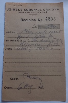 Recipisa , Uzinele comunale Craiova nr 4295 foto