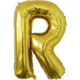 Balon folie metalizata litera r, flippy, 80 cm, umflati cu heliu sau aer, ambalaj individual, pai inclus, auriu
