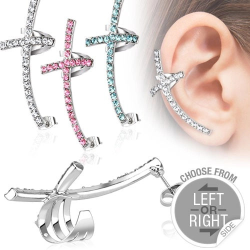 Piercing fals pentru ureche - cruce colorată cu zirconiu - Culoare zirconiu piercing: Roz - P, Formă piercing: St&acirc;nga