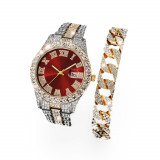 Set ceas si bratara luxury MBrands quartz, bratara inox, cristale zirconiu, afisare data - Rosu