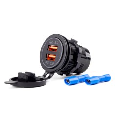 Incarcator auto moto impermeabil AMiO MOD-05 cu 2x USB QC3.0, 12/24V, iluminare rosie, pentru motociclete, quady, barci, scutere, campery,