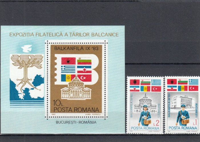 ROMANIA 1983 LP 1088 LP 1089 EXPOZITIA FILATELICA BALKANFILA SERIE+COLITA MNH