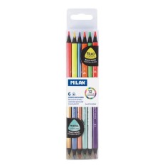 Set 6 Creioane Bicolore MILAN Fluo Metal, 12 Culori Diferite, Corp de Lemn Negru Triunghiular, Creioane MILAN cu Doua Capete, Creioane Bicolore, Creio foto