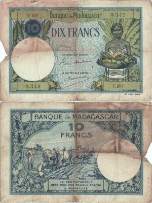 1937 , 10 francs ( P-36a.2 ) - Madagascar foto