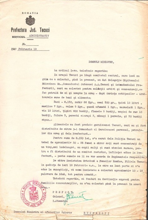 A3620N Raport Prefectura județului Tecuci către ministrul Afacerilor Interne, general Dumitru I Popescu, 1941, semnată olograf de prefect