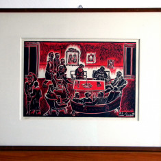 Serata provinciala - xilogravura litografie originala semnata, rama 52x42cm