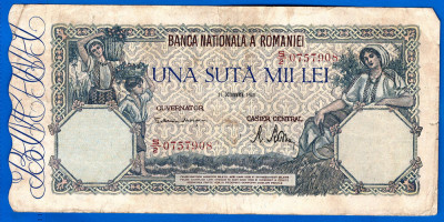 (64) BANCNOTA ROMANIA - 100.000 LEI 1946 (21 OCTOMBRIE 1946), FILIGRAN ORIZONTAL foto