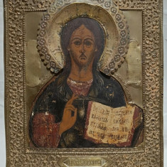 Icoana pe lemn ferecata. Isus Pantocrator, sec 19, doc. 31cm x 26,5cm